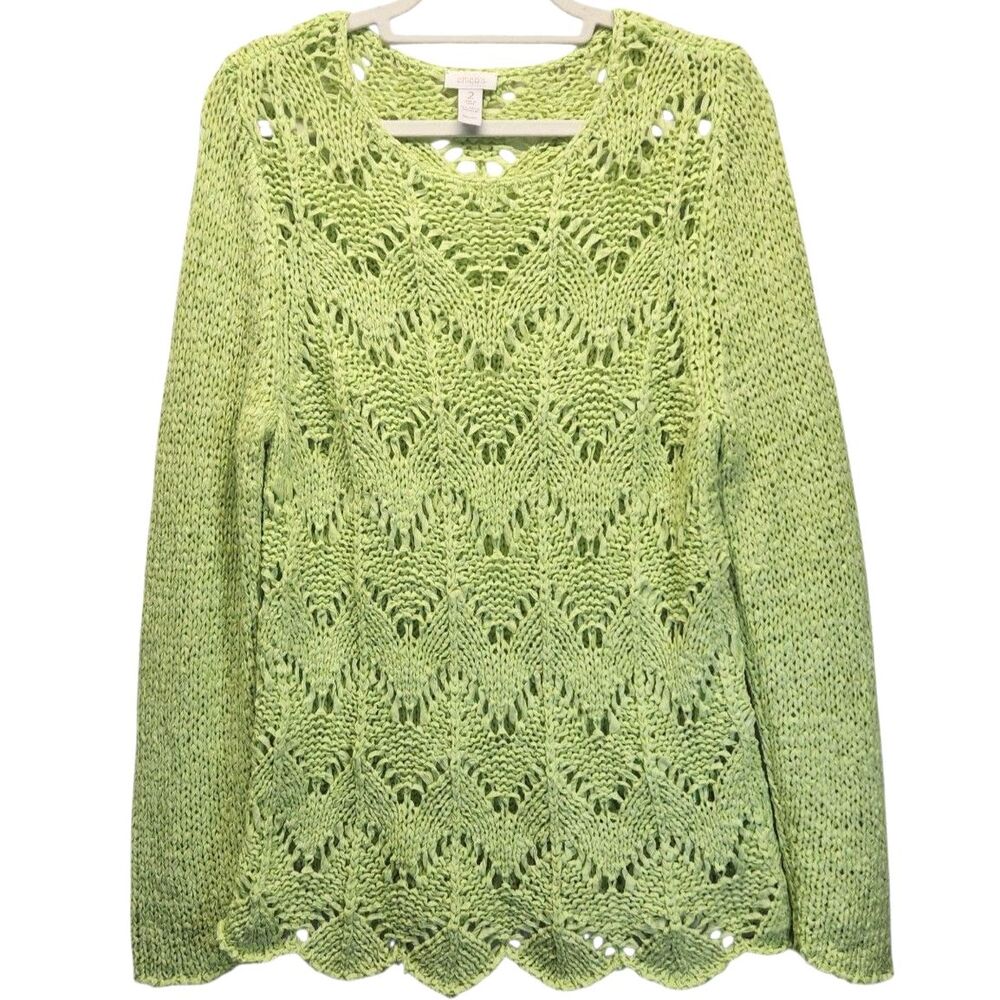 Chicos Open Knit Crochet Green Sweater 2 (Size 12)
